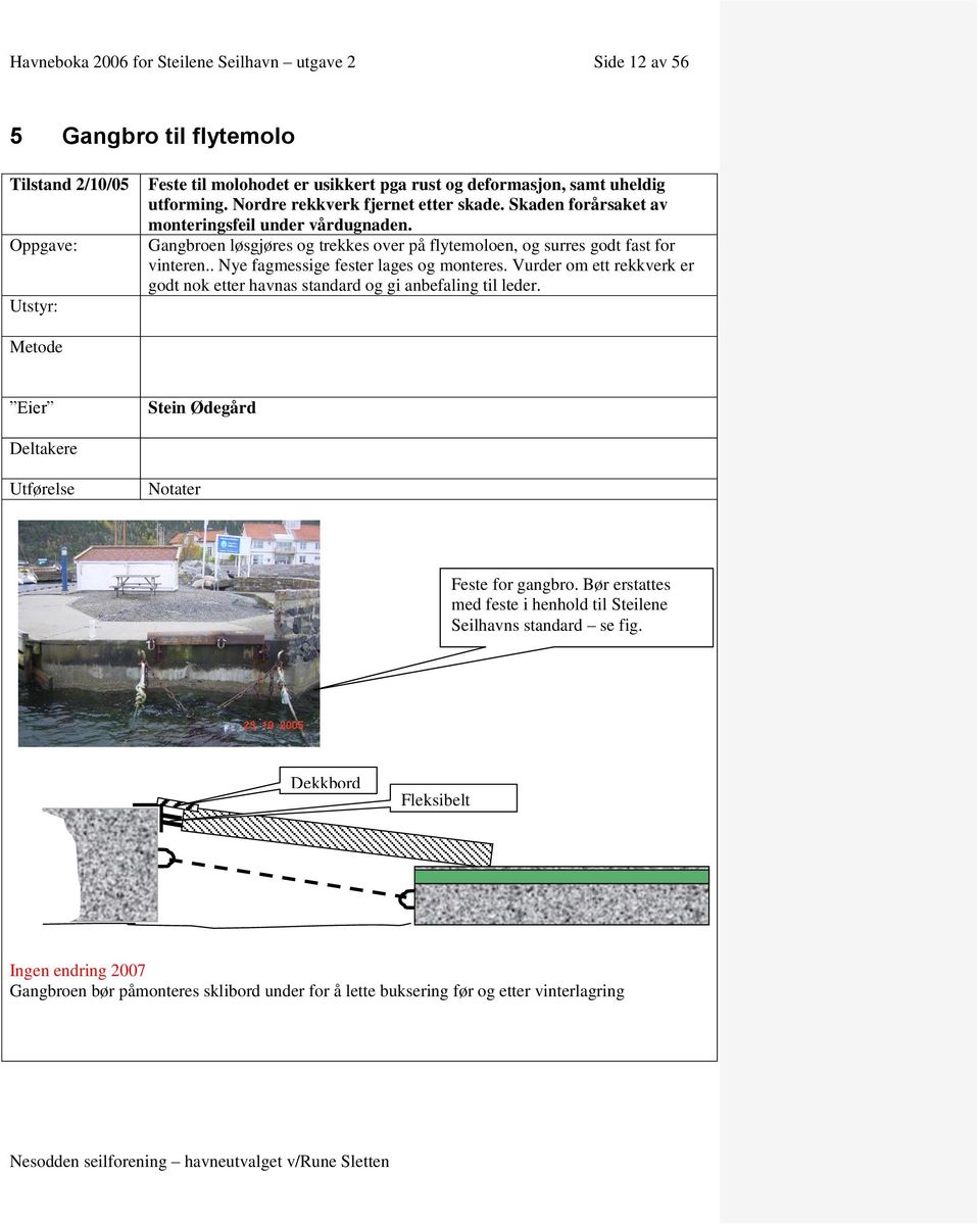 . Nye fagmessige fester lages og monteres. Vurder om ett rekkverk er godt nok etter havnas standard og gi anbefaling til leder. Stein Ødegård Feste for gangbro.