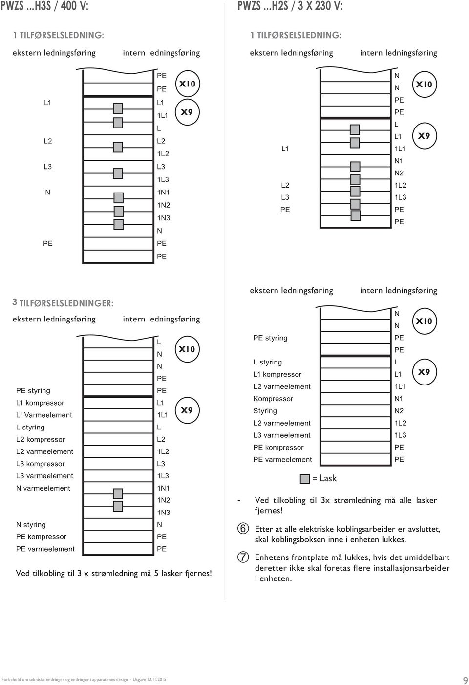 TIFØRSESEDNINGER: ekstern ledningsføring intern ledningsføring ekstern ledningsføring intern ledningsføring X10 X10 X9 X9 = ask Shunt - Ved tilkobling til 3x
