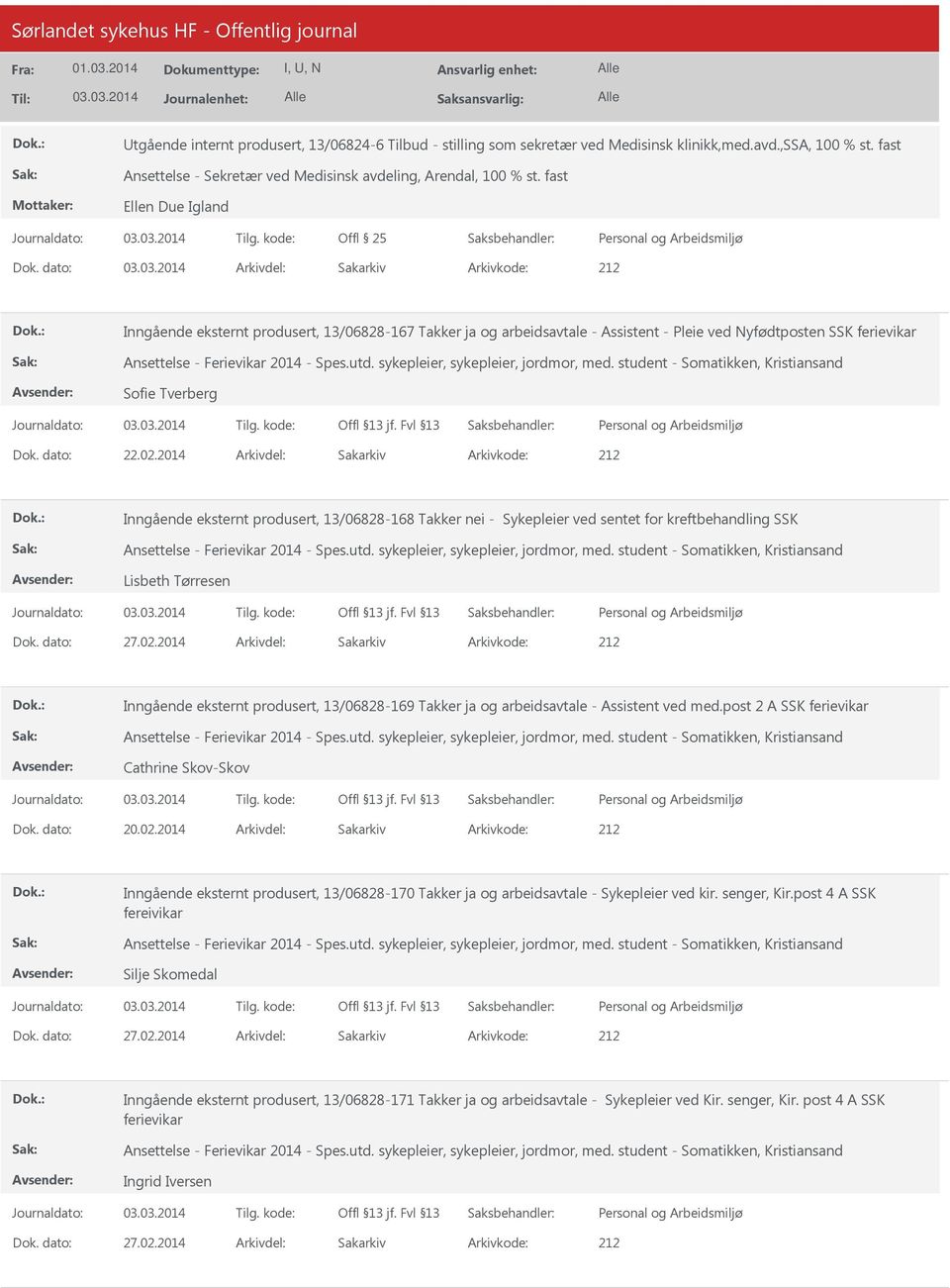 dato: Arkivdel: Sakarkiv Inngående eksternt produsert, 13/06828-167 Takker ja og arbeidsavtale - Assistent - Pleie ved Nyfødtposten SSK ferievikar Ansettelse - Ferievikar 2014 - Spes.utd.