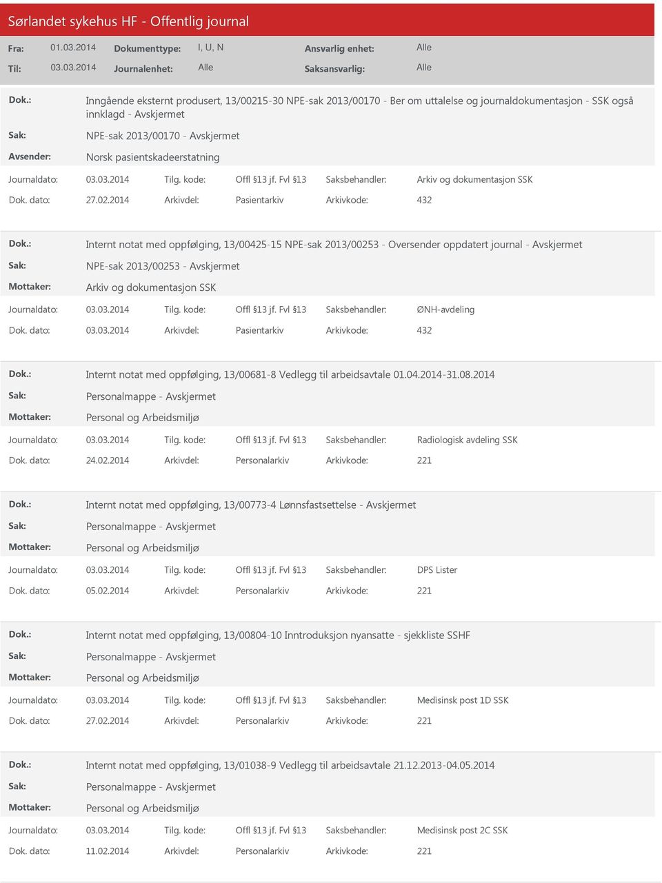 2014 Arkivdel: Pasientarkiv Arkivkode: 432 Internt notat med oppfølging, 13/00425-15 NPE-sak 2013/00253 - Oversender oppdatert journal - NPE-sak 2013/00253 - ØNH-avdeling Dok.