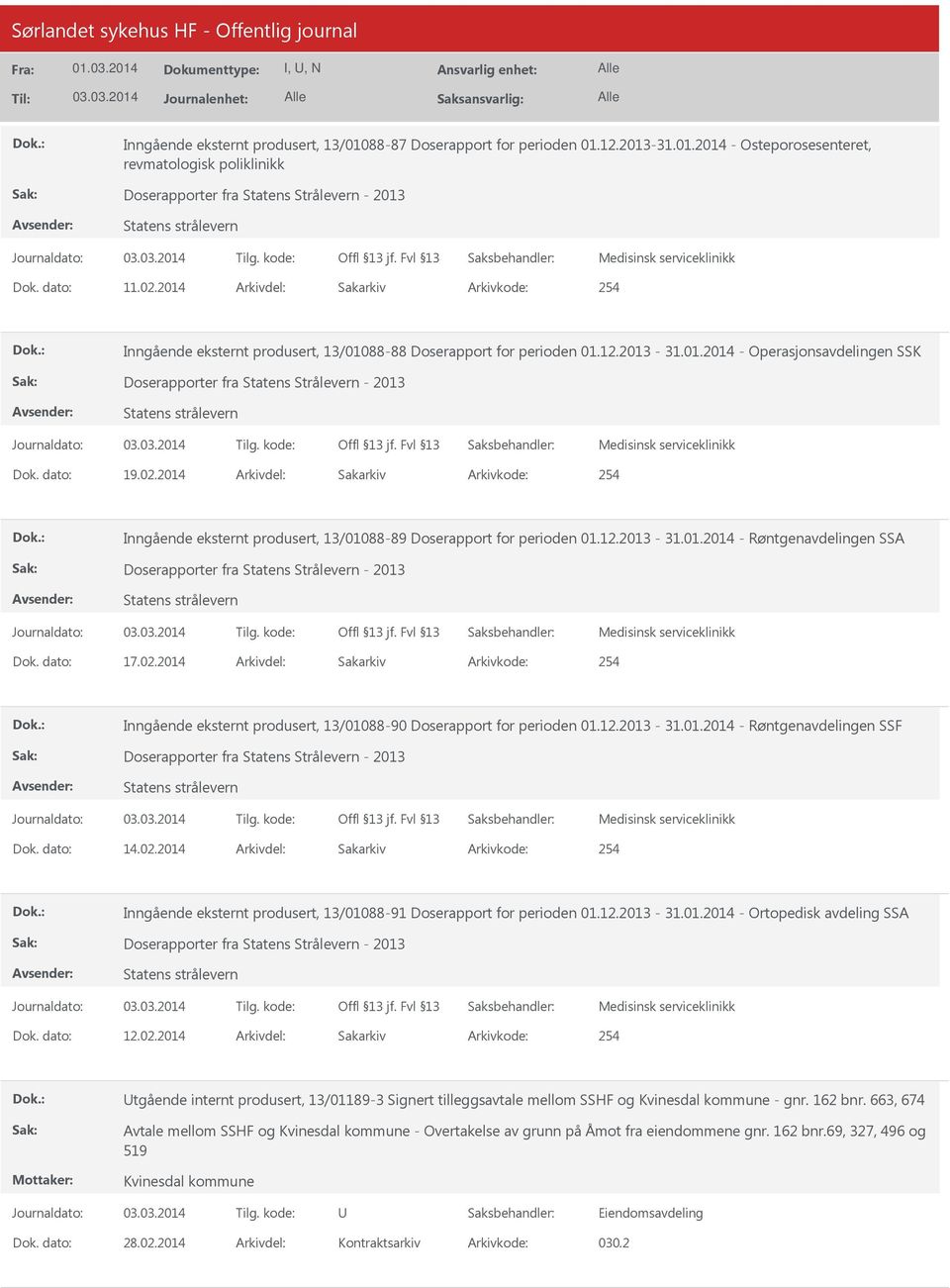 dato: 19.02.2014 Arkivdel: Sakarkiv Arkivkode: 254 Inngående eksternt produsert, 13/01088-89 Doserapport for perioden 01.12.2013-31.01.2014 - Røntgenavdelingen SSA Doserapporter fra Statens Strålevern - 2013 Statens strålevern Medisinsk serviceklinikk Dok.