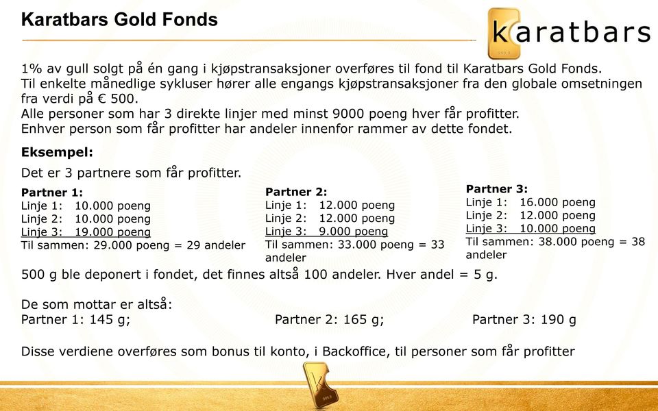 Enhver person som får profitter har andeler innenfor rammer av dette fondet. Eksempel: Det er 3 partnere som får profitter. Partner 1: Linje 1: 10.000 poeng Linje 2: 10.000 poeng Linje 3: 19.