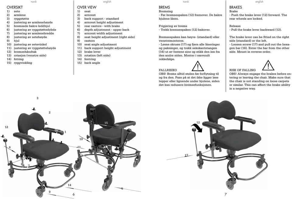 standard 4) armrest height adjustment 5) rear castors - with brake 6) depth adjustment - upper back 7) armrest width adjustment 8) seat height adjustment (right side) 9) castors 0) seat angle