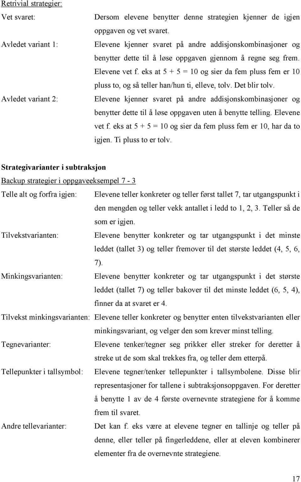 eks at 5 + 5 = 10 og sier da fem pluss fem er 10 pluss to, og så teller han/hun ti, elleve, tolv. Det blir tolv.