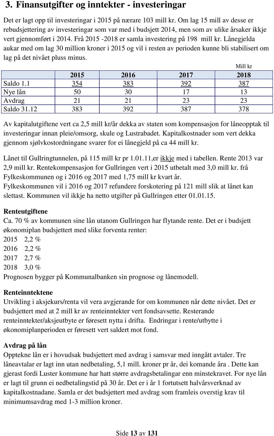 Lånegjelda aukar med om lag 30 million kroner i 2015 og vil i resten av perioden kunne bli stabilisert om lag på det nivået pluss minus. Mill kr 2015 2016 2017 2018 Saldo 1.