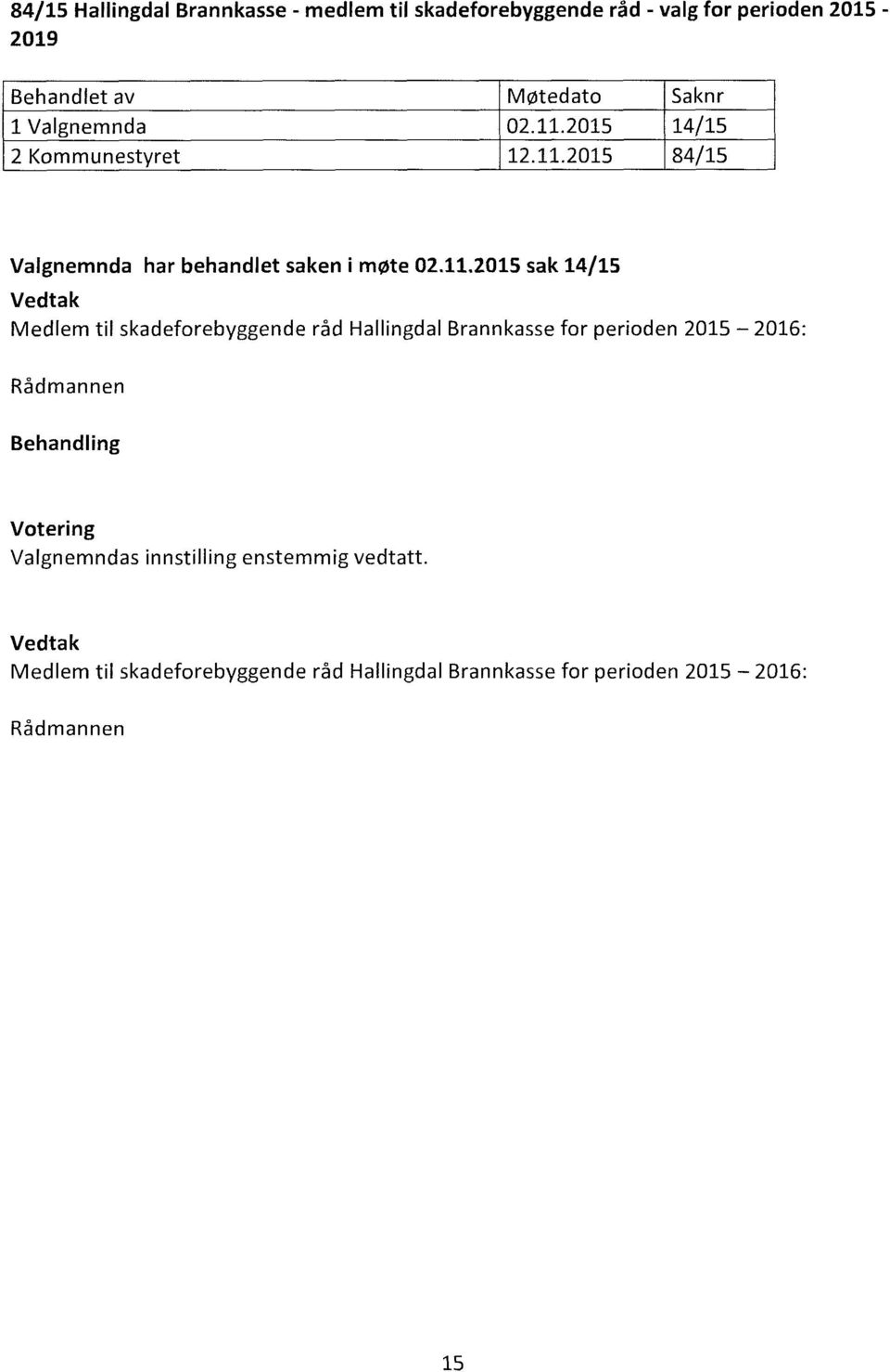 Medlem til skadeforebyggende råd Hallingdal Brannkasse for perioden 2015 2016: Rådmannen Valgnemndas