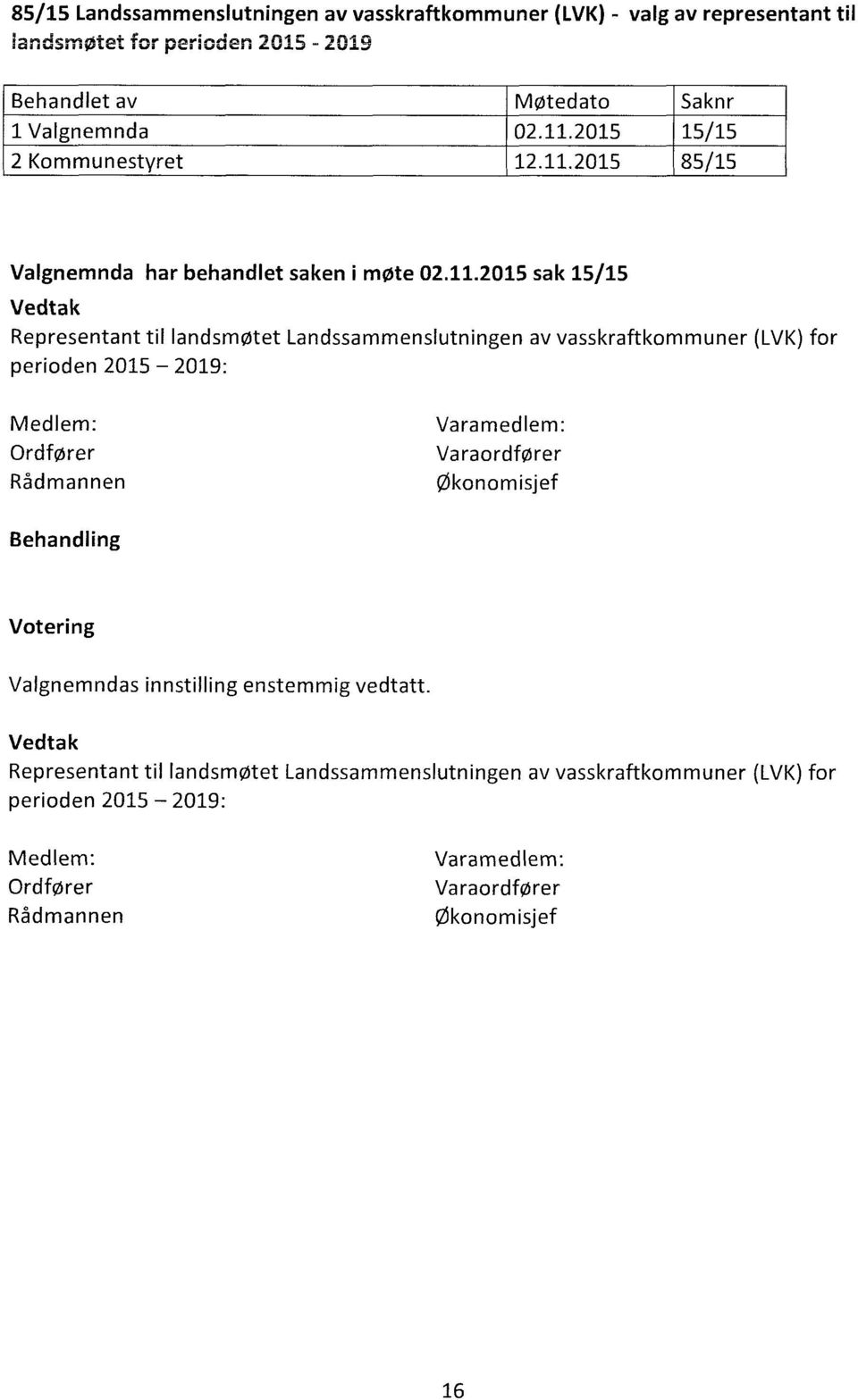 2015 85/15 Valgnemnda har behandlet saken i møte 02.11.