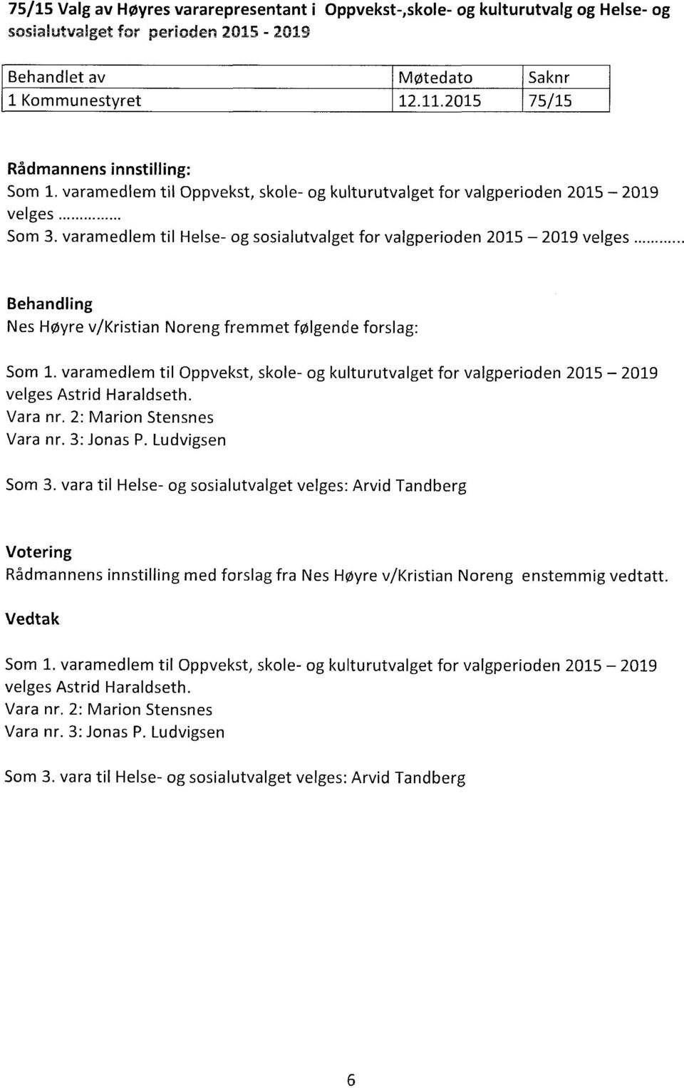 varamedlem til Helse- og sosialutvalget for valgperioden 2015 2019 velges Nes Høyre v/kristian Noreng fremmet følgende forslag: Som 1.