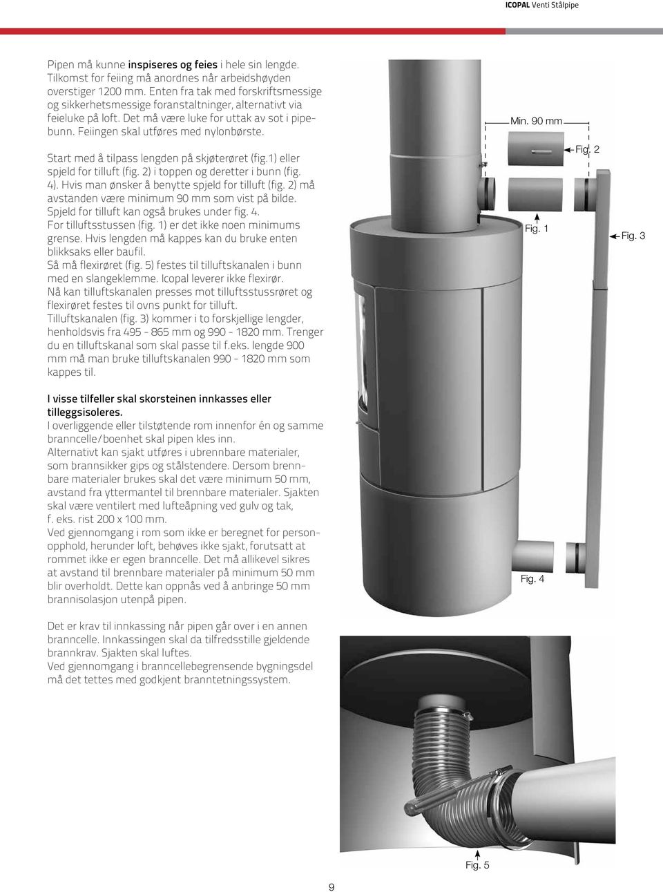 90 mm Start med å tilpass lengden på skjøterøret (fig.1) eller spjeld for tilluft (fig. 2) i toppen og deretter i bunn (fig. 4). Hvis man ønsker å benytte spjeld for tilluft (fig.