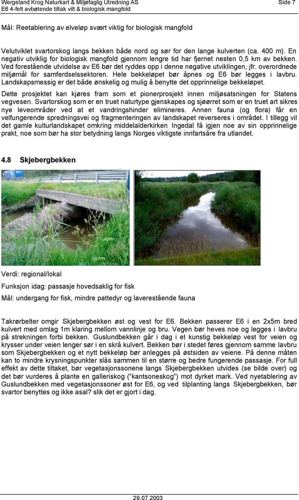 Ved forestående utvidelse av E6 bør det ryddes opp i denne negative utviklingen, jfr. overordnede miljømål for samferdselssektoren. Hele bekkeløpet bør åpnes og E6 bør legges i lavbru.