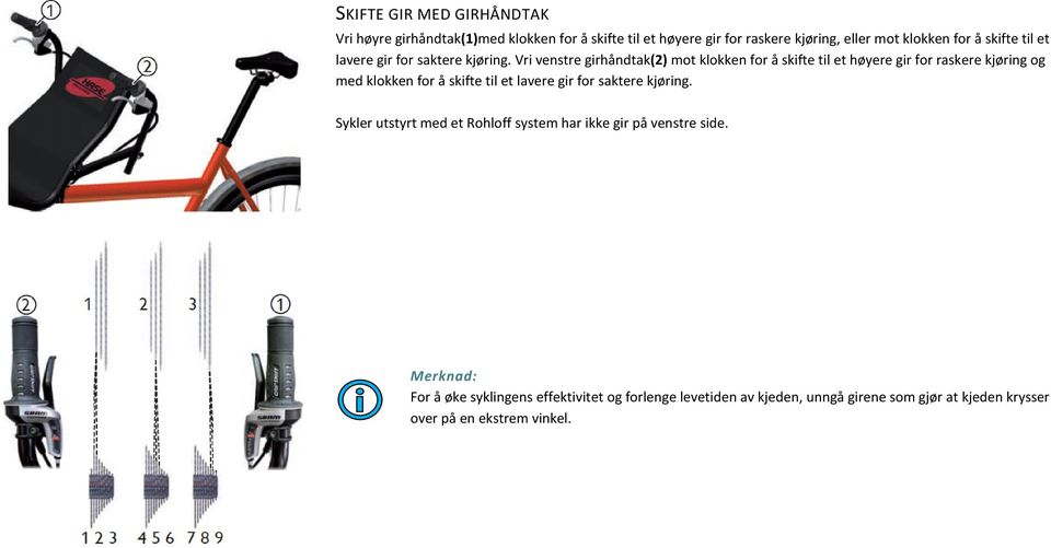 Vri venstre girhåndtak(2) mot klokken for å skifte til et høyere gir for raskere kjøring og med klokken for å  Sykler utstyrt med et