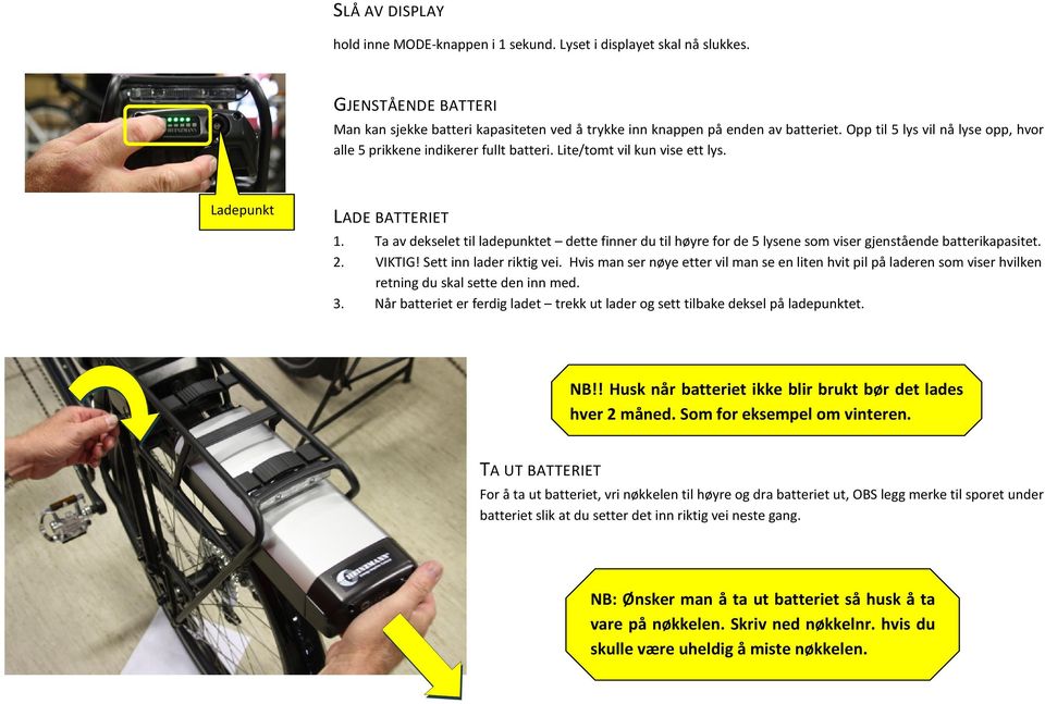 Ta av dekselet til ladepunktet dette finner du til høyre for de 5 lysene som viser gjenstående batterikapasitet. 2. VIKTIG! Sett inn lader riktig vei.