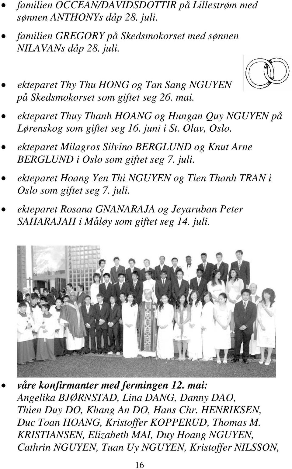 ekteparet Hoang Yen Thi NGUYEN og Tien Thanh TRAN i Oslo som giftet seg 7. juli. ekteparet Rosana GNANARAJA og Jeyaruban Peter SAHARAJAH i Måløy som giftet seg 14. juli. våre konfirmanter med fermingen 12.