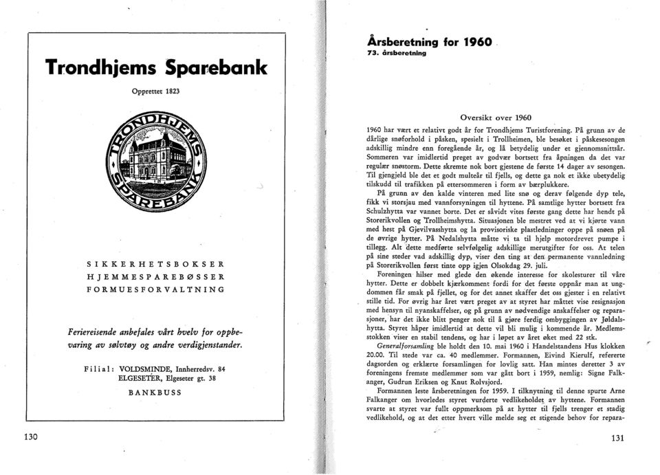 Filial: VOLDSMINDE, Innherredsv. 84 ELGESETER, Elgeseter gt. 38 BANKBUSS Oversikt over 1960 1960 har vært et relativt godt år for Trondhjems Turistforening.