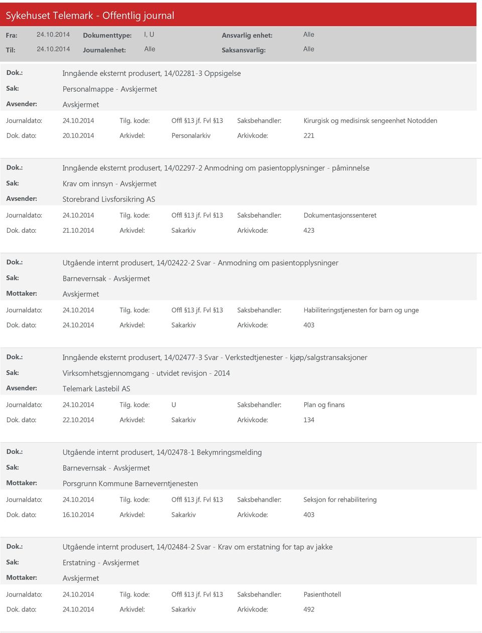 2014 Arkivdel: Sakarkiv Utgående internt produsert, 14/02422-2 Svar - Anmodning om pasientopplysninger Barnevernsak - Habiliteringstjenesten for barn og unge Dok.