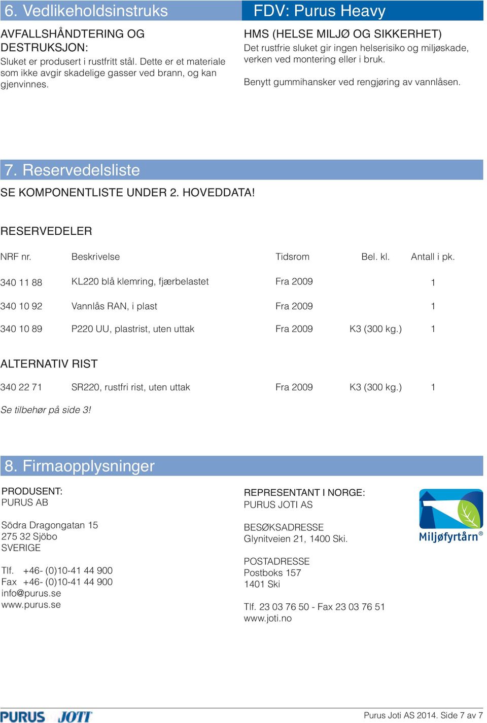 Reservedelsliste SE KOMPONENTLISTE UNDER 2. HOVEDDATA! RESERVEDELER NRF nr. Beskrivelse Tidsrom Bel. kl. Antall i pk.