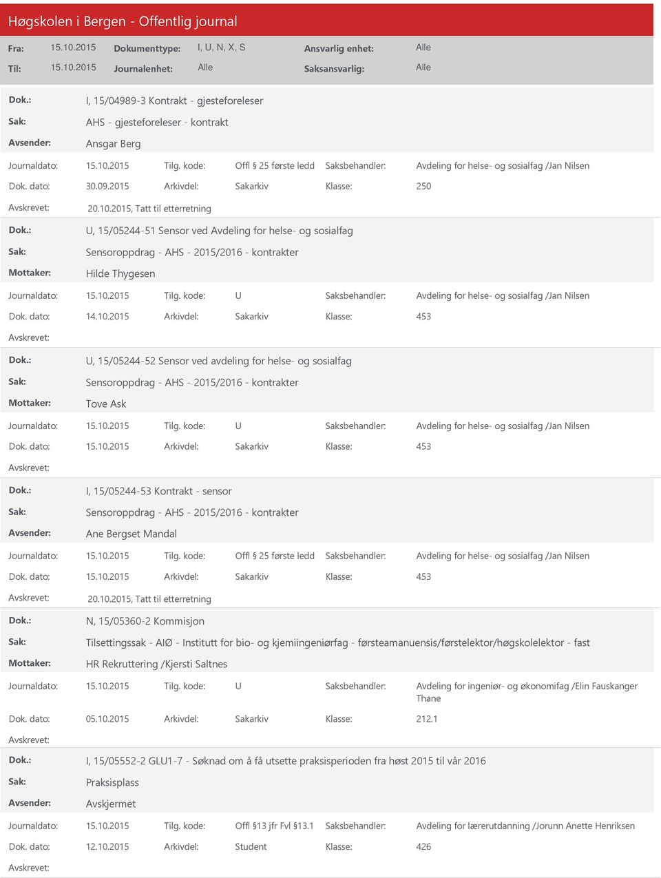 dato: 14.10.2015 Arkivdel: Sakarkiv 453, 15/05244-52 Sensor ved avdeling for helse- og sosialfag Sensoroppdrag - AHS - 2015/2016 - kontrakter Tove Ask Avdeling for helse- og sosialfag /Jan Nilsen Dok.