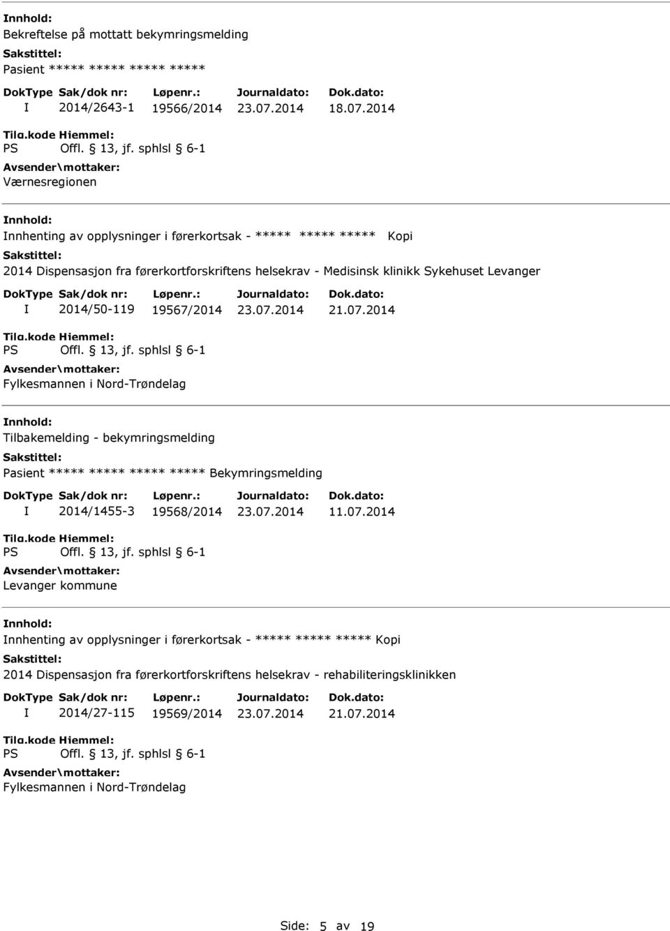 2014/50-119 19567/2014 Fylkesmannen i Nord-Trøndelag Tilbakemelding - bekymringsmelding Pasient ***** ***** ***** ***** Bekymringsmelding 2014/1455-3 19568/2014 Levanger