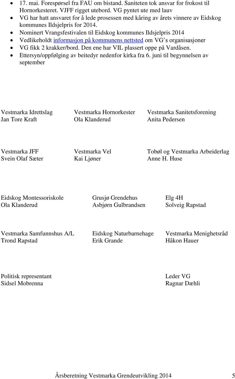 Nominert Vrangsfestivalen til Eidskog kommunes Ildsjelpris 2014 Vedlikeholdt informasjon på kommunens nettsted om VG s organisasjoner VG fikk 2 krakker/bord. Den ene har VIL plassert oppe på Vardåsen.
