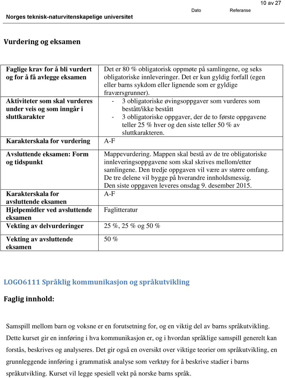 - 3 obligatoriske øvingsoppgaver som vurderes som bestått/ikke bestått - 3 obligatoriske oppgaver, der de to første oppgavene teller 25 % hver og den siste teller 50 % av sluttkarakteren.