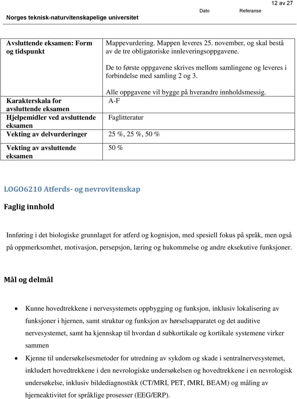 Karakterskala for A-F avsluttende Hjelpemidler ved avsluttende Faglitteratur Vekting av delvurderinger 25 %, 25 %, 50 % Vekting av avsluttende 50 % LOGO6210 Atferds- og nevrovitenskap Faglig innhold