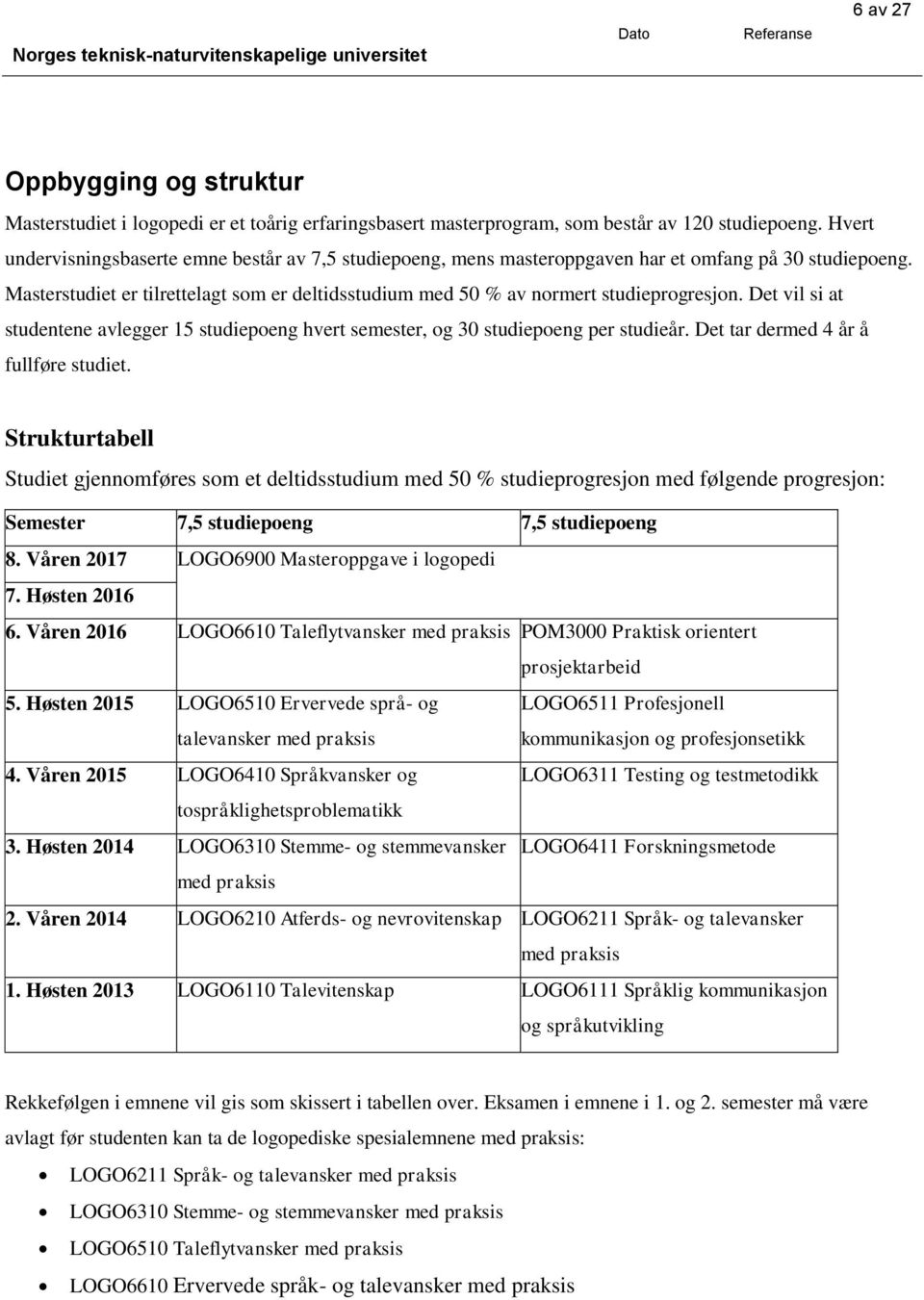 Masterstudiet er tilrettelagt som er deltidsstudium med 50 % av normert studieprogresjon. Det vil si at studentene avlegger 15 studiepoeng hvert semester, og 30 studiepoeng per studieår.