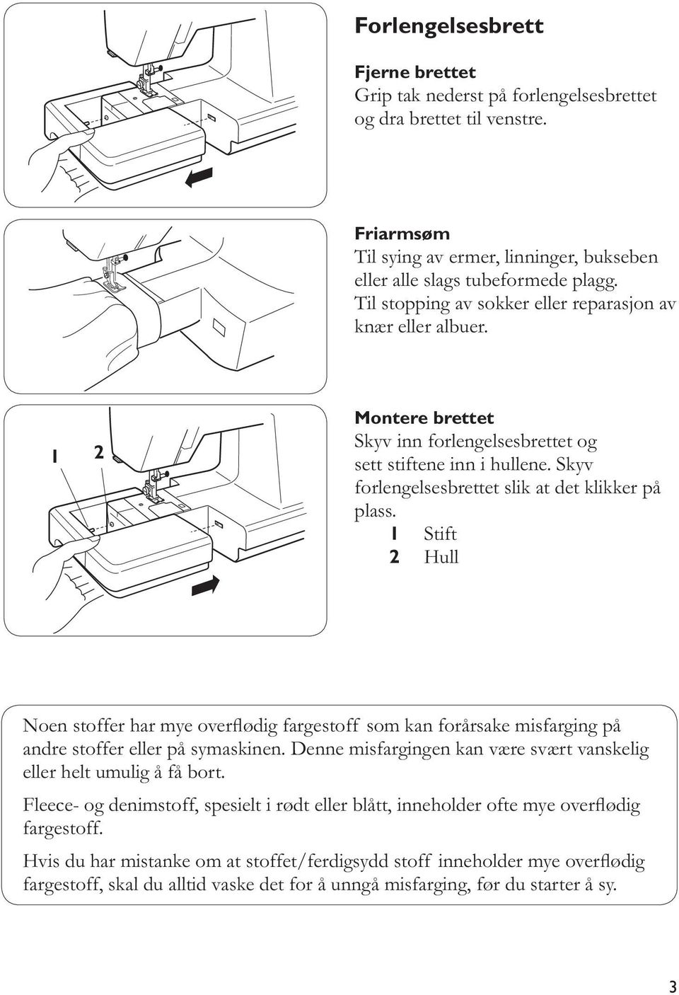 Stift Hull Noen stoffer har mye over ødig fargestoff som kan forårsake misfarging på andre stoffer eller på symaskinen. Denne misfargingen kan være svært vanskelig eller helt umulig å få bort.