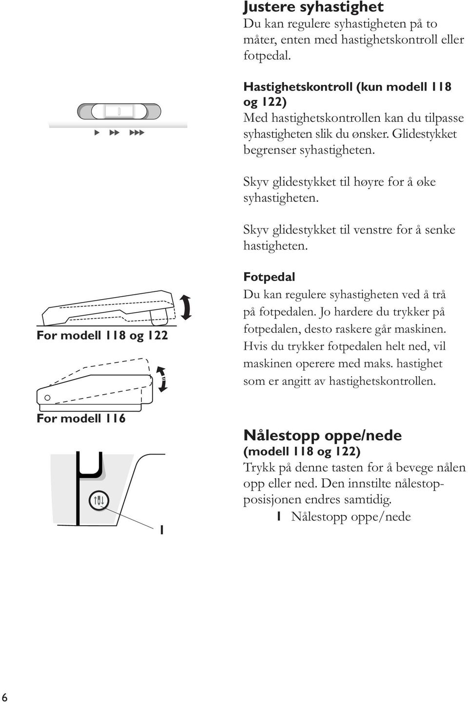 Skyv glidestykket til venstre for å senke hastigheten. For modell 8 og Fotpedal Du kan regulere syhastigheten ved å trå på fotpedalen. Jo hardere du trykker på fotpedalen, desto raskere går maskinen.