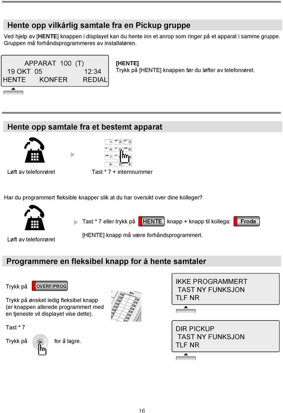 Hente opp samtale fra et bestemt apparat Løft av telefonrøret Tast * 7 internnummer Har du programmert fleksible knapper slik at du har oversikt over dine kolleger?