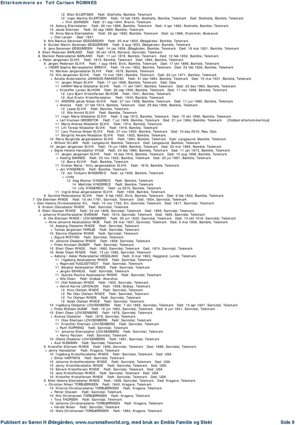 Eilertsdatter Født: 29 apr 1892, Bamble, Telemark Død: ca 1966, Drammen, Buskerud + Olaf Larsen Død: 1947 9 Nils Markus Sørensen ØDEGÅRDEN Født: 25 mar 1850, Ødegården, Bamble, Telemark 9 Gunder