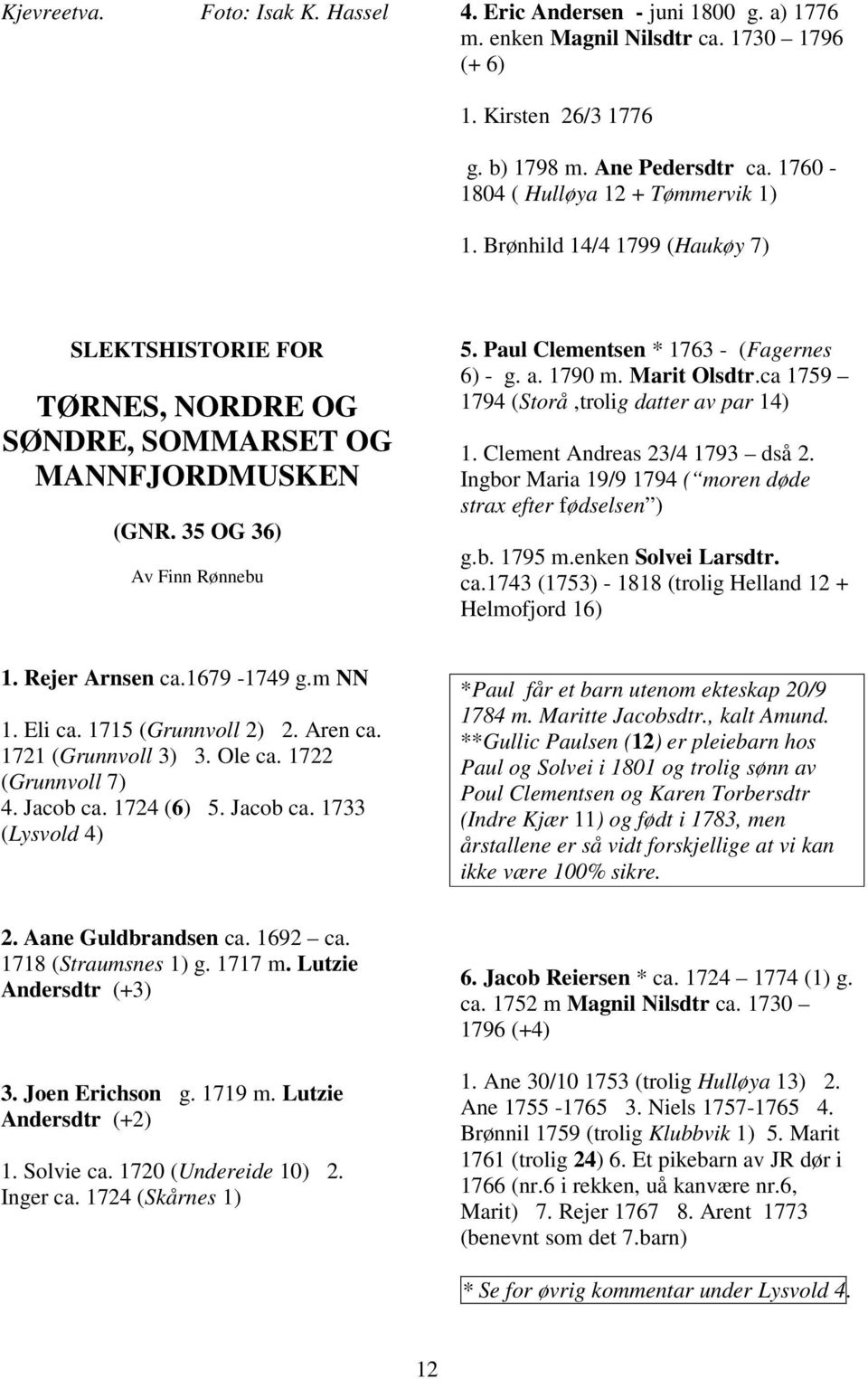 Paul Clementsen * 1763 - (Fagernes 6) - g. a. 1790 m. Marit Olsdtr.ca 1759 1794 (Storå,trolig datter av par 14) 1. Clement Andreas 23/4 1793 dså 2.