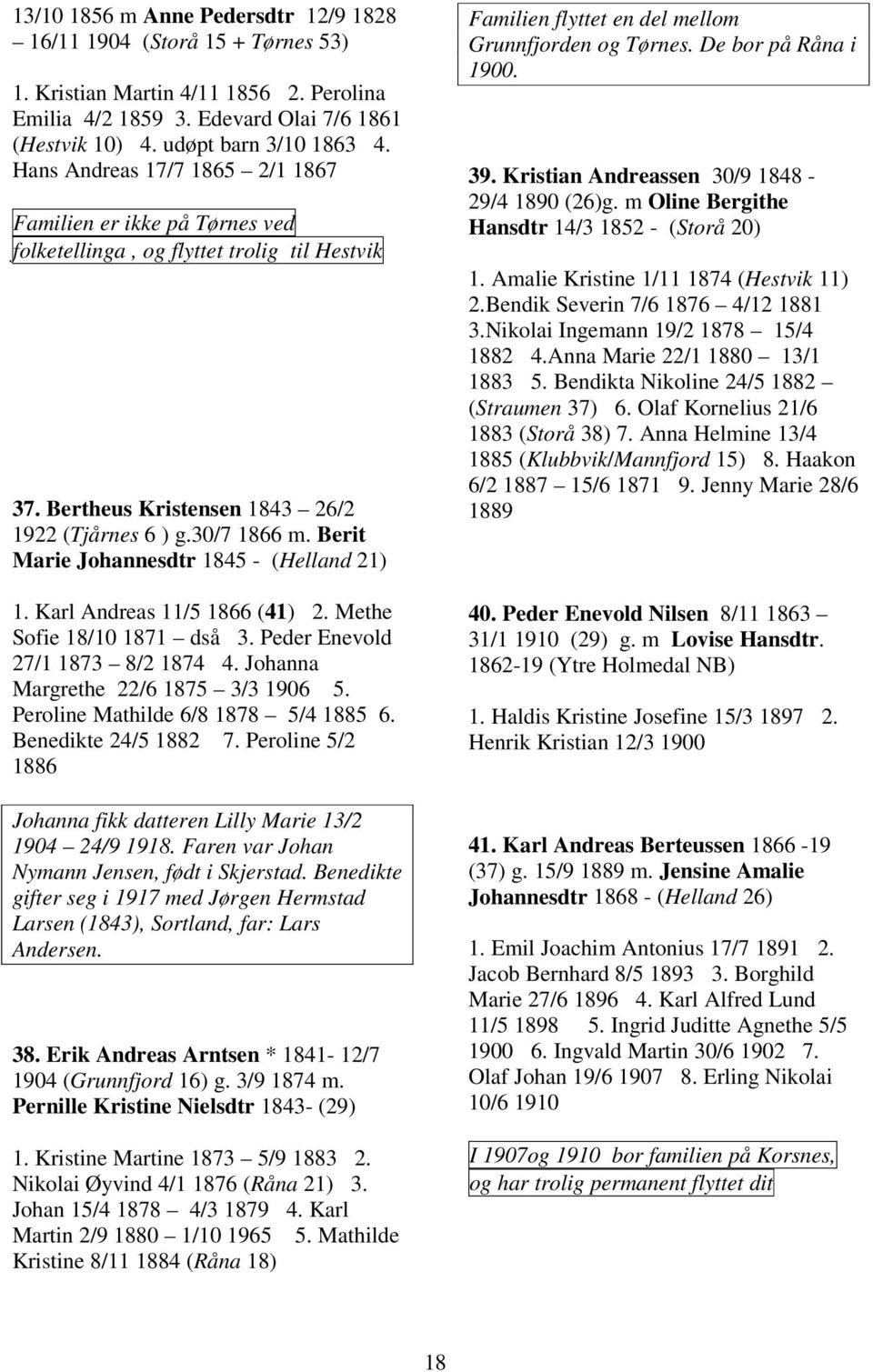 Berit Marie Johannesdtr 1845 - (Helland 21) 1. Karl Andreas 11/5 1866 (41) 2. Methe Sofie 18/10 1871 dså 3. Peder Enevold 27/1 1873 8/2 1874 4. Johanna Margrethe 22/6 1875 3/3 1906 5.