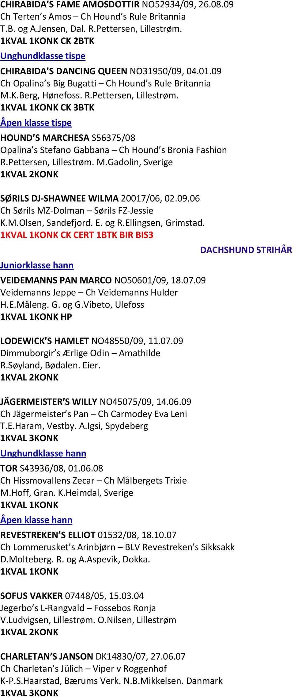 CK 3BTK HOUND S MARCHESA S56375/08 Opalina s Stefano Gabbana Ch Hound s Bronia Fashion R.Pettersen, Lillestrøm. M.Gadolin, Sverige SØRILS DJ SHAWNEE WILMA 20017/06, 02.09.