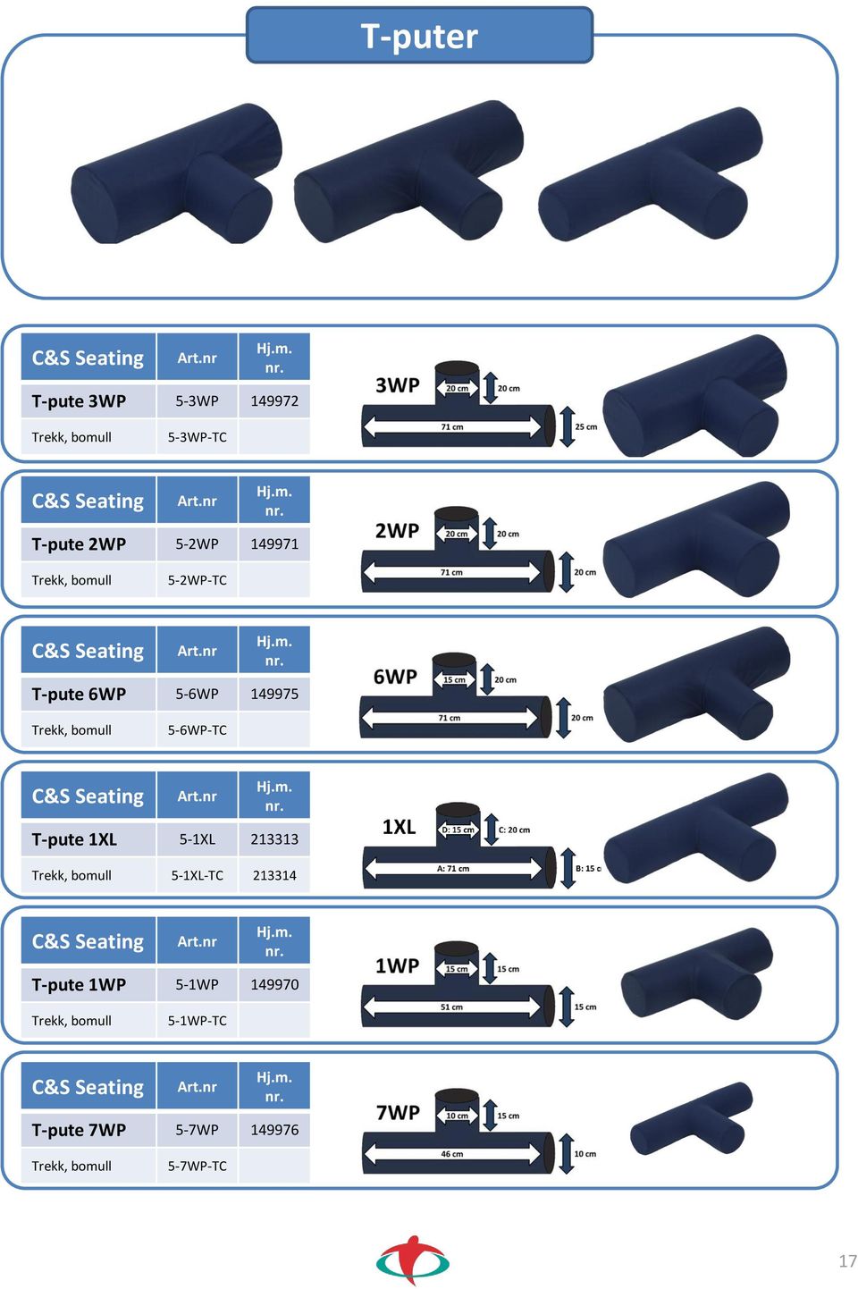 nr Hj.m. nr. T-pute 1WP 5-1WP 149970 Trekk, bomull 5-1WP-TC C&S Seating Art.nr Hj.m. nr. T-pute 7WP 5-7WP 149976 Trekk, bomull 5-7WP-TC 17