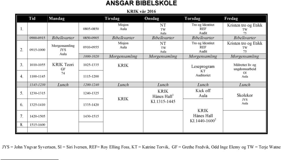 1010-1055 KRIK Teori GF 74 1-1335 KRIK oriet 1145-1230 Lunch 1200-1240 Lunch Lunch Lunch Lunch 5. 1230-1315 1240-1325 6.