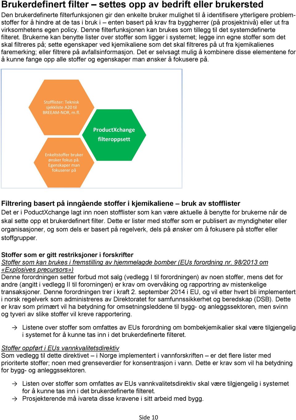 Brukerne kan benytte lister over stoffer som ligger i systemet; legge inn egne stoffer som det skal filtreres på; sette egenskaper ved kjemikaliene som det skal filtreres på ut fra kjemikalienes