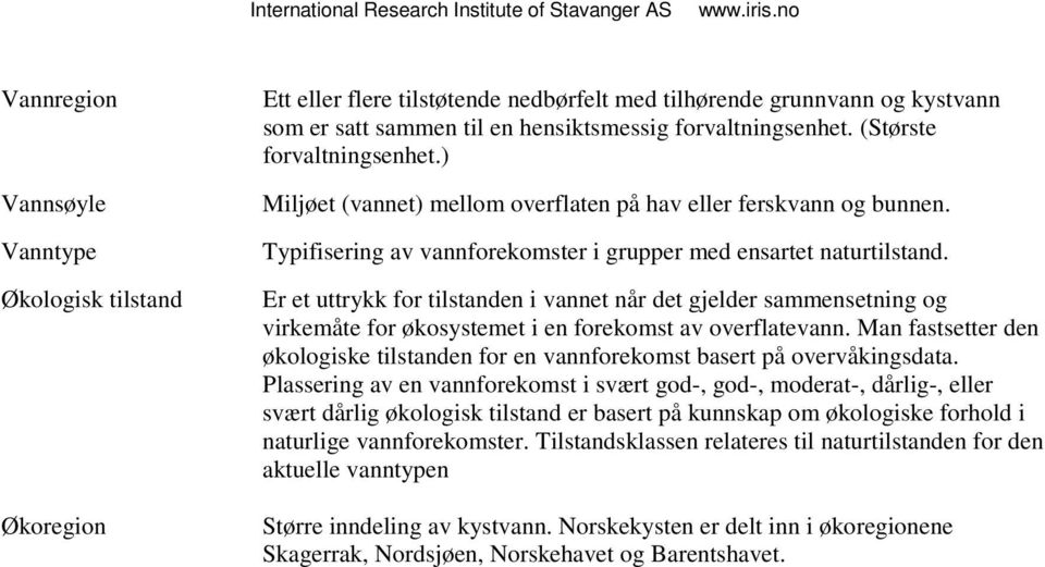 Er et uttrykk for tilstanden i vannet når det gjelder sammensetning og virkemåte for økosystemet i en forekomst av overflatevann.