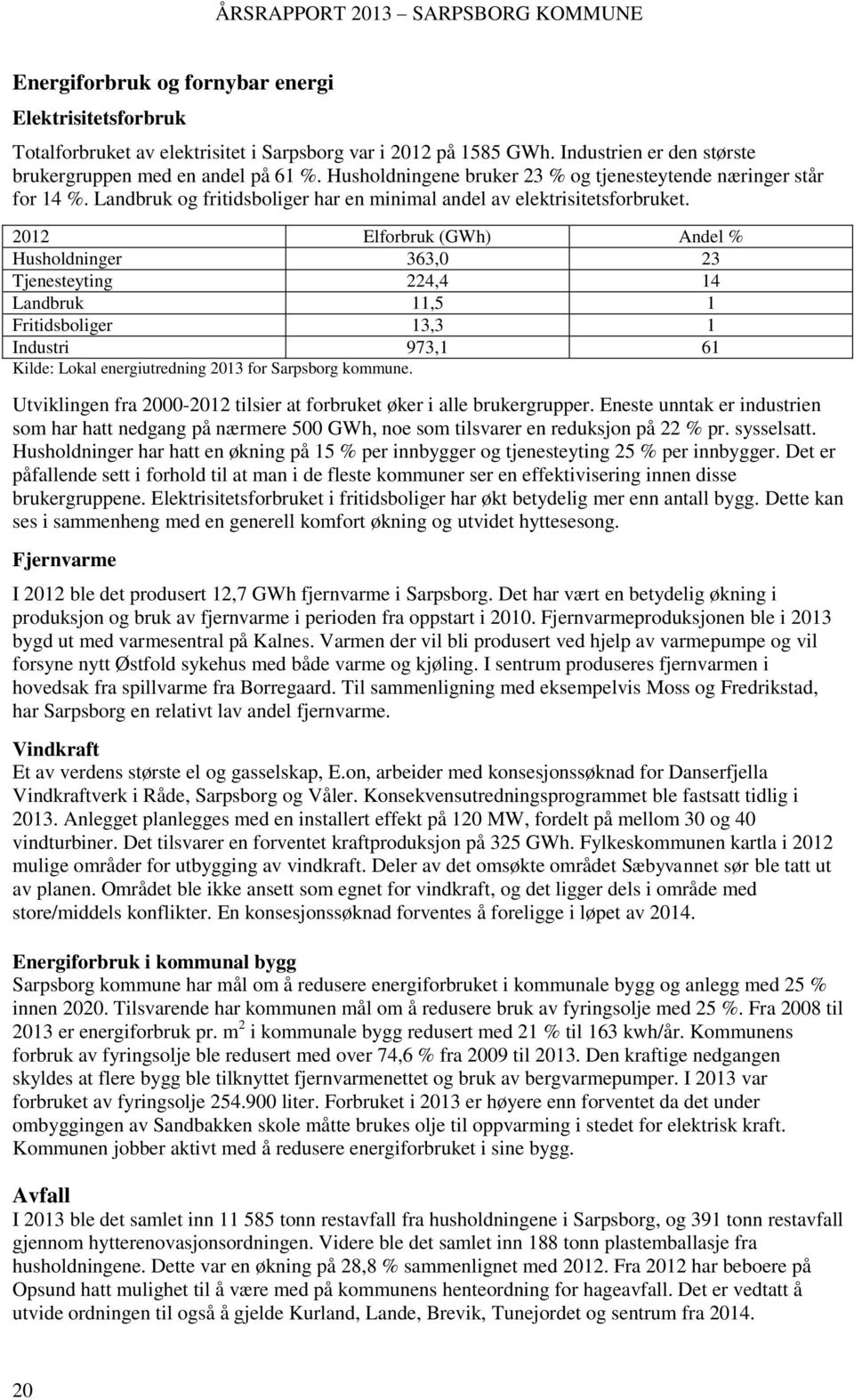 2012 Elforbruk (GWh) Andel % Husholdninger 363,0 23 Tjenesteyting 224,4 14 Landbruk 11,5 1 Fritidsboliger 13,3 1 Industri 973,1 61 Kilde: Lokal energiutredning 2013 for Sarpsborg kommune.