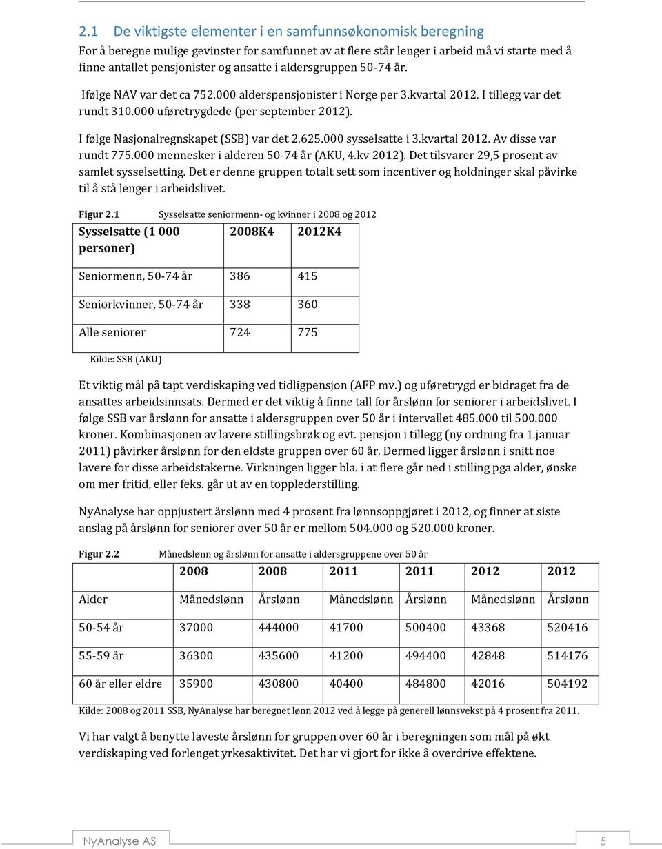 I følge Nasjonalregnskapet (SSB) var det 2.625.000 sysselsatte i 3.kvartal 2012. Av disse var rundt 775.000 mennesker i alderen 50-74 år (AKU, 4.kv 2012).