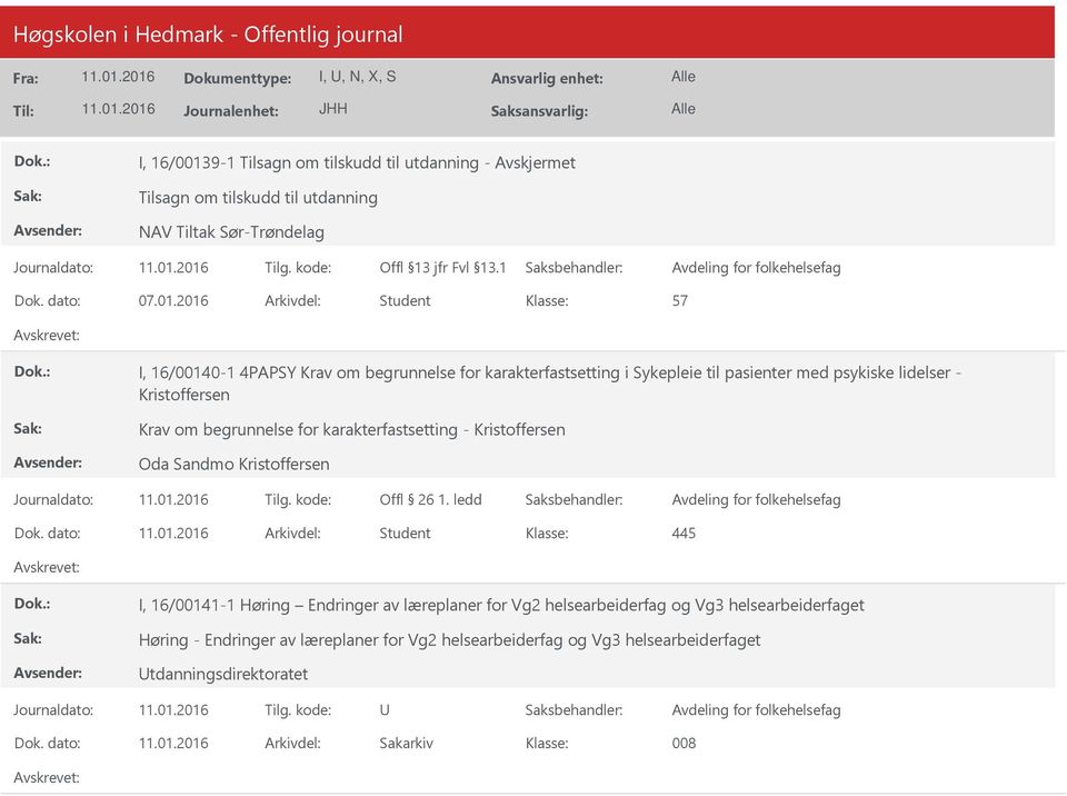 2016 Arkivdel: Student 57 I, 16/00140-1 4PAPSY Krav om begrunnelse for karakterfastsetting i Sykepleie til pasienter med psykiske lidelser - Kristoffersen Krav om