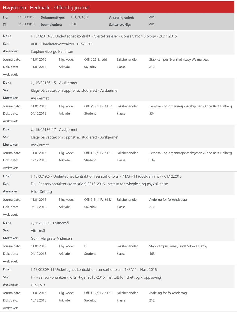 dato: Arkivdel: Sakarkiv, 15/02136-15 - Avskjermet Klage på vedtak om opphør av studierett - Avskjermet Avskjermet Personal- og organisasjonsseksjonen /Anne Berit Halberg Dok. dato: 04.12.