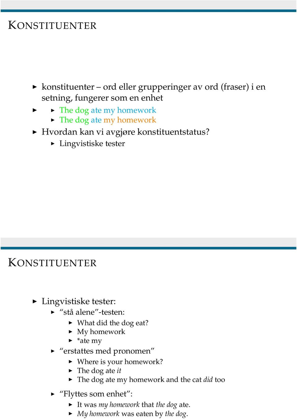 Lingvistiske tester KONSTITUENTER Lingvistiske tester: stå alene -testen: What did the dog eat?