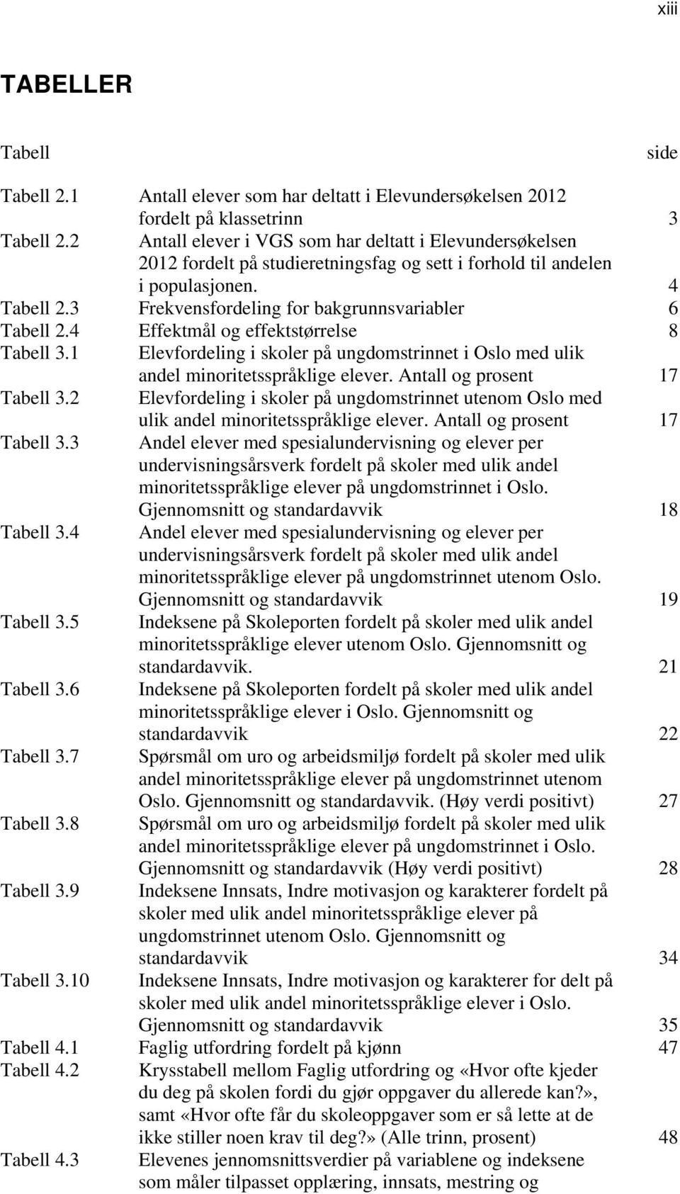 3 Frekvensfordeling for bakgrunnsvariabler 6 Tabell 2.4 Effektmål og effektstørrelse 8 Tabell 3.1 Elevfordeling i skoler på ungdomstrinnet i Oslo med ulik andel minoritetsspråklige elever.