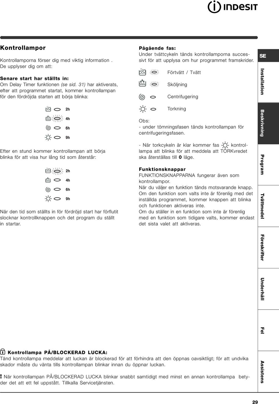 hur programmet framskrider. Förtvätt / Tvätt Sköljning Centrifugering Torkning Obs: - under tömningsfasen tänds kontrollampan för centrifugeringsfasen.