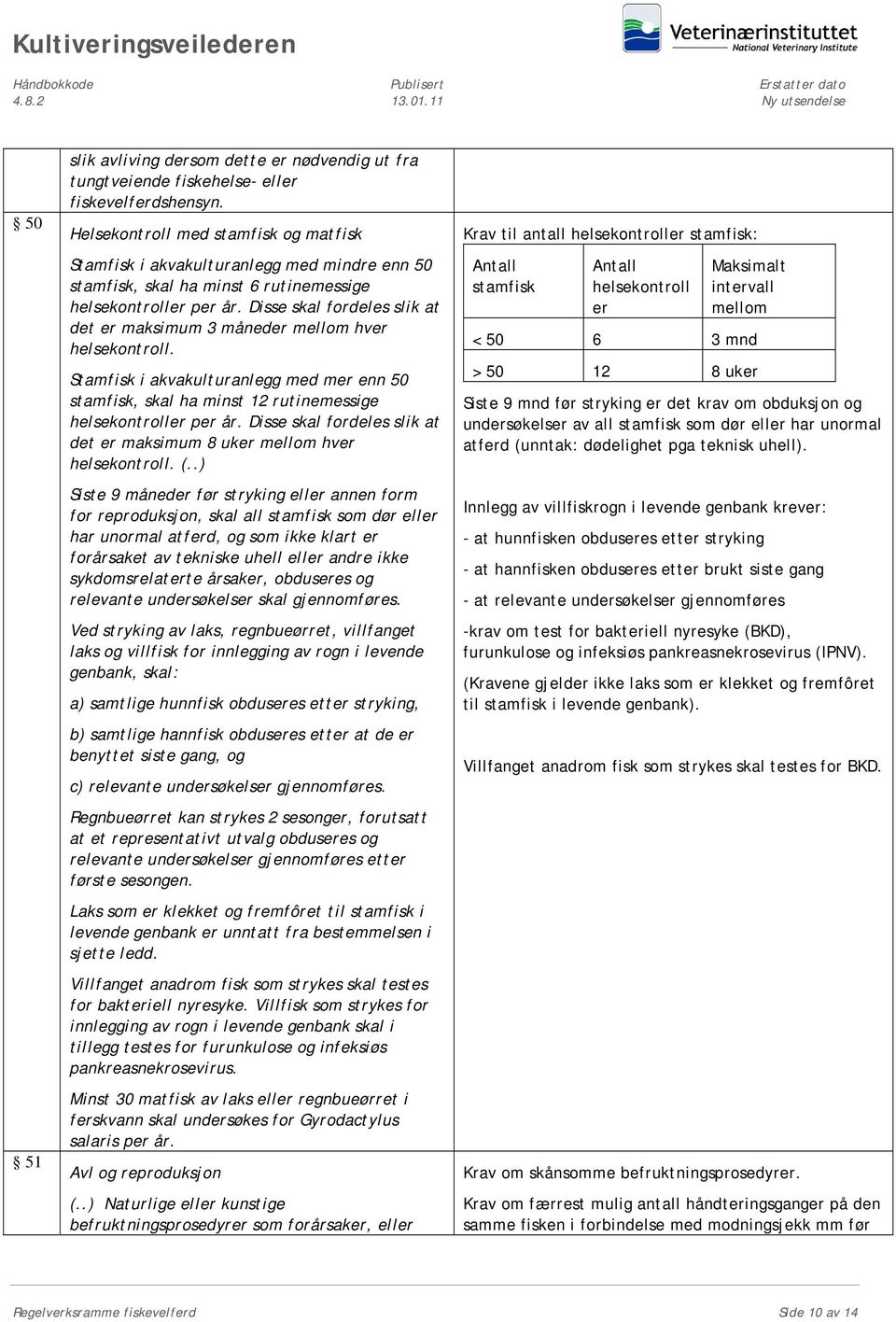 Disse skal fordeles slik at det er maksimum 3 måneder mellom hver helsekontroll. Stamfisk i akvakulturanlegg med mer enn 50 stamfisk, skal ha minst 12 rutinemessige helsekontroller per år.
