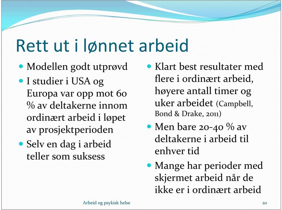 i ordinært arbeid, høyere antall timer og uker arbeidet (Campbell, Bond & Drake, 2011) Men bare 20 40 % av