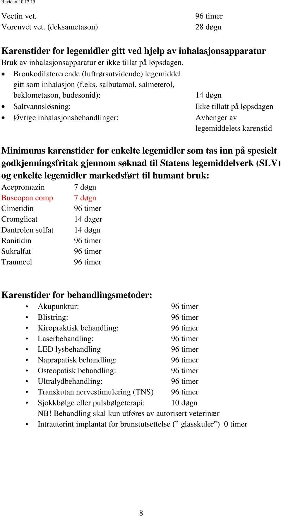 salbutamol, salmeterol, beklometason, budesonid): Saltvannsløsning: Ikke tillatt på løpsdagen Øvrige inhalasjonsbehandlinger: Avhenger av legemiddelets karenstid Minimums karenstider for enkelte