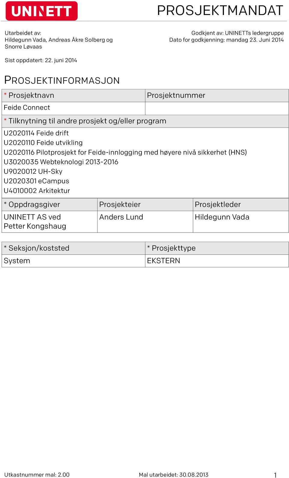 U2020116 Pilotprosjekt for Feide-innlogging med høyere nivå sikkerhet (HNS) U3020035 Webteknologi 2013-2016 U9020012 UH-Sky U2020301 ecampus U4010002 Arkitektur *