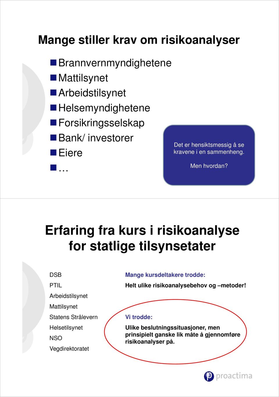 Erfaring fra kurs i analyse for statlige tilsynsetater DSB PTIL Arbeidstilsynet Mattilsynet Statens Strålevern Helsetilsynet NSO