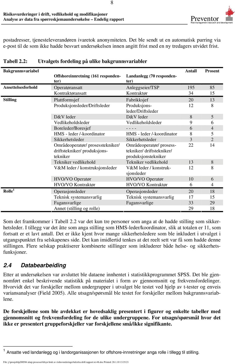 2: Utvalgets fordeling på ulike bakgrunnsvariabler Bakgrunnsvariabel Ansettelsesforhold Stilling Rolle 1 Antall Prosent Offshoreinnretning (161 respondenter) Landanlegg (70 respondenter)